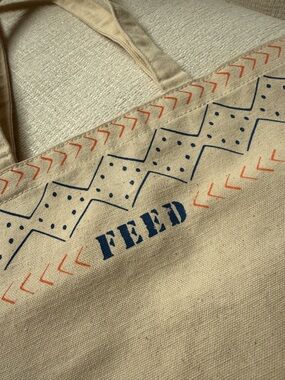 FEED Project Natural Canvas Tote with Blue and Orange Print Boho Tribal